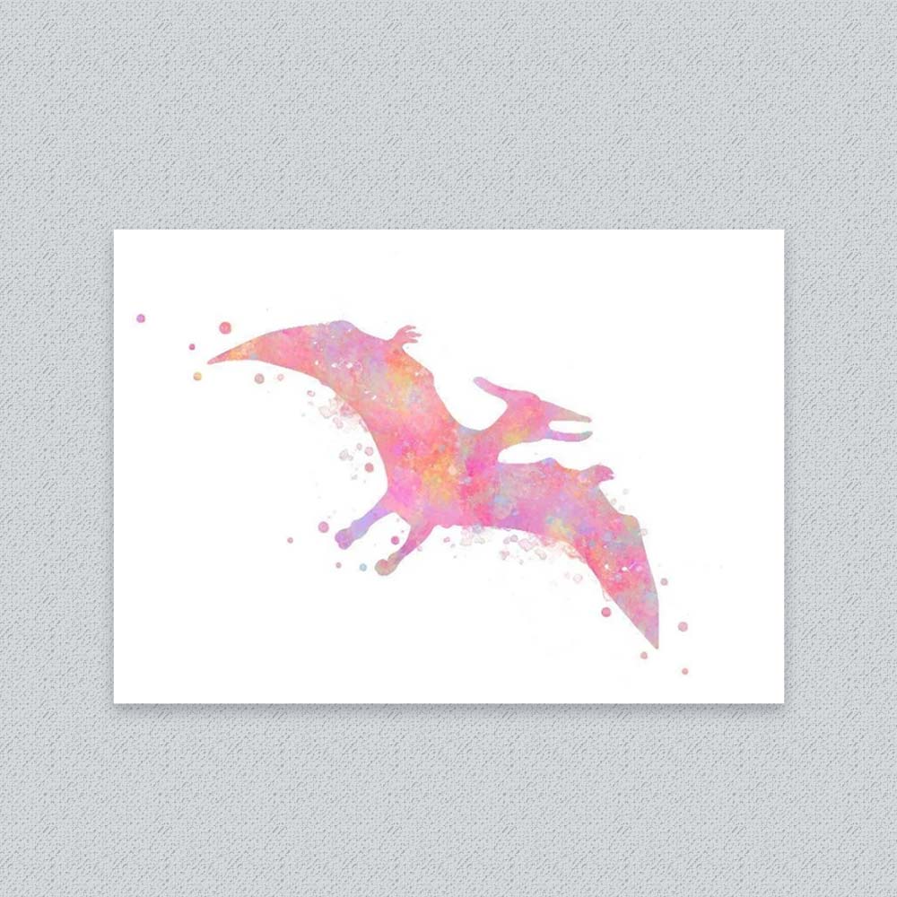 Pteranodon Dinosaur Wall Art Print – Pink Watercolour Flying Dino Decor for Kids