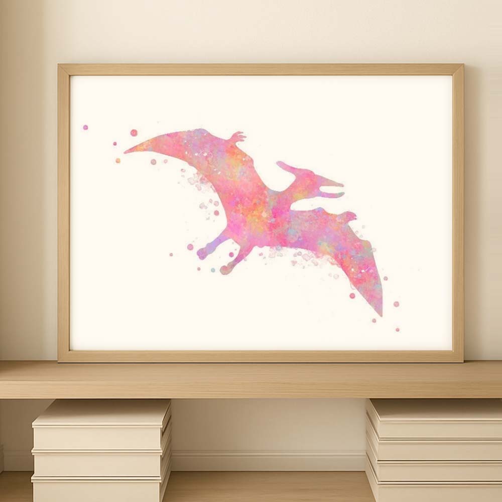Pteranodon Dinosaur Wall Art Print – Pink Watercolour Flying Dino Decor for Kids