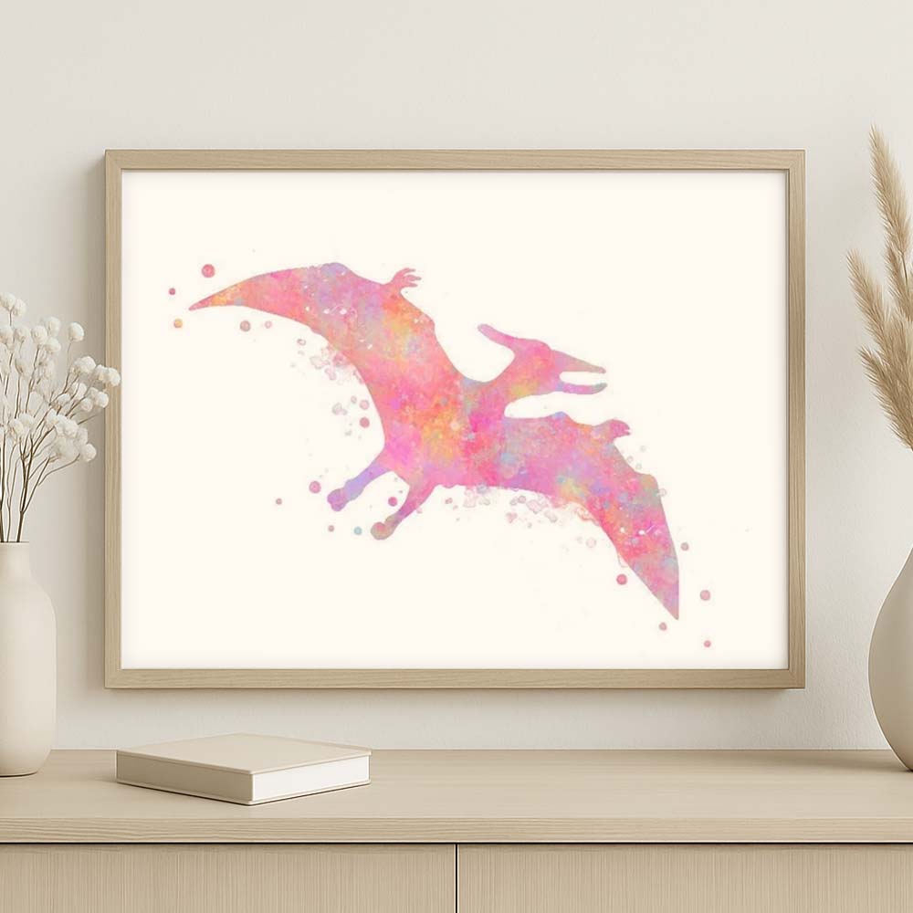 Pteranodon Dinosaur Wall Art Print – Pink Watercolour Flying Dino Decor for Kids