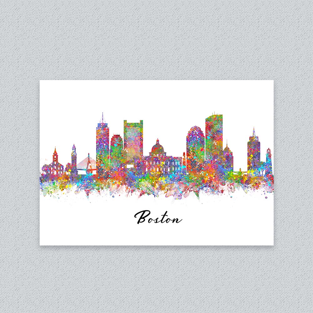 Boston Skyline Watercolor Wall Art Print – Colorful Boston Cityscape Home Decor