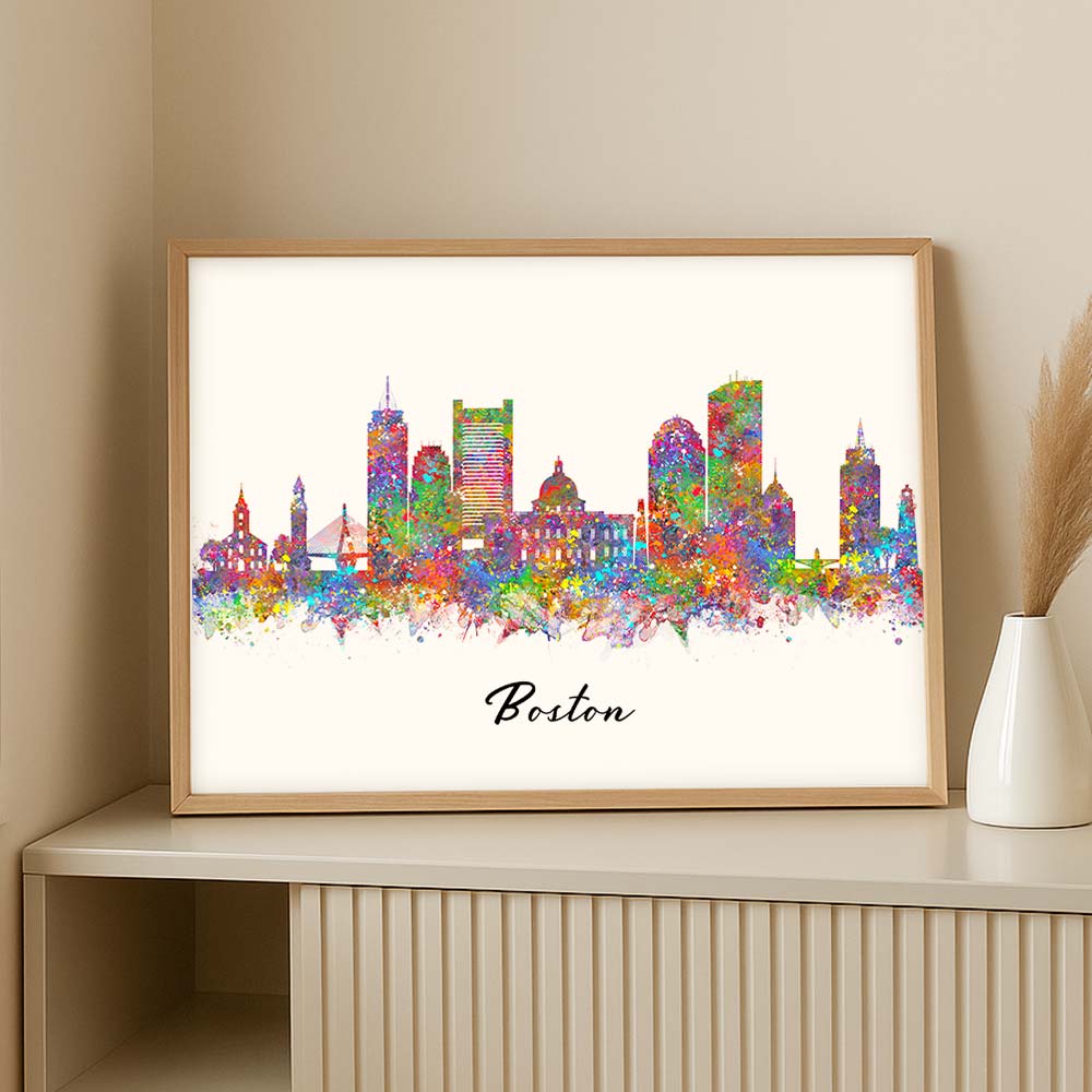 Boston Skyline Watercolor Wall Art Print – Colorful Boston Cityscape Home Decor