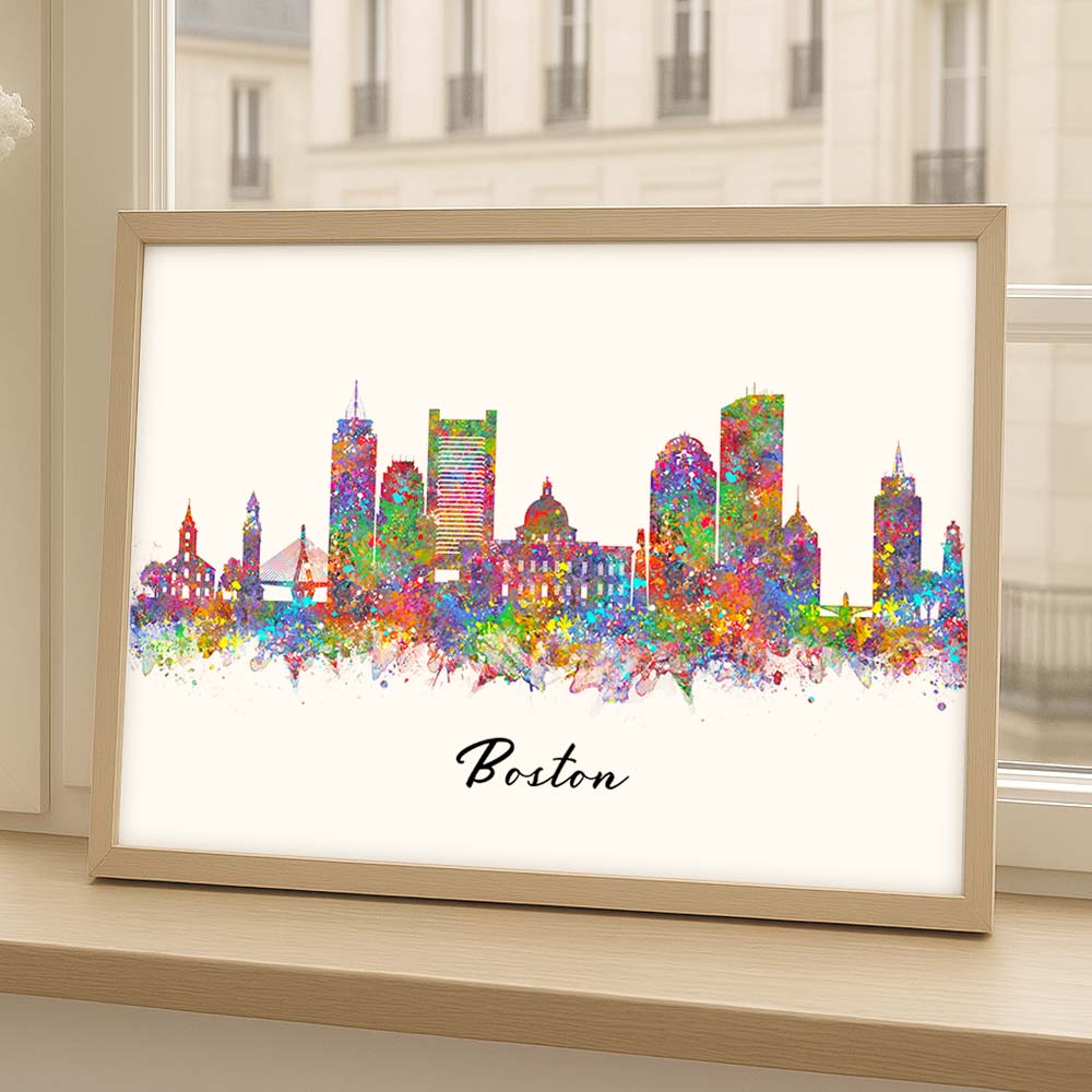 Boston Skyline Watercolor Wall Art Print – Colorful Boston Cityscape Home Decor