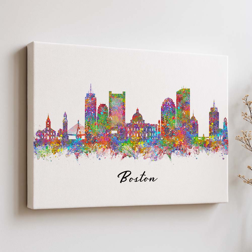 Boston Skyline Watercolor Wall Art Print – Colorful Boston Cityscape Home Decor