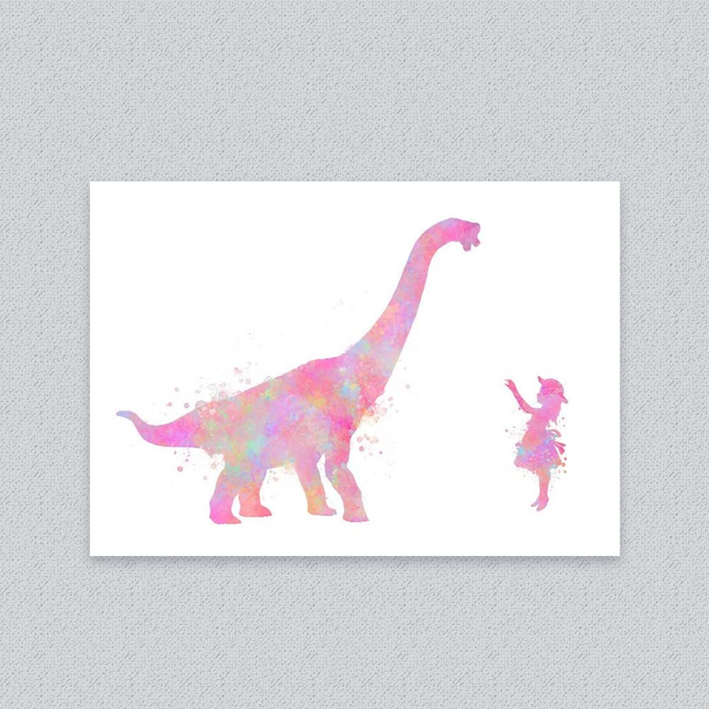 Personalised Brachiosaurus and Girl Watercolor Wall Art – Dinosaur Nursery Print for Kids Room