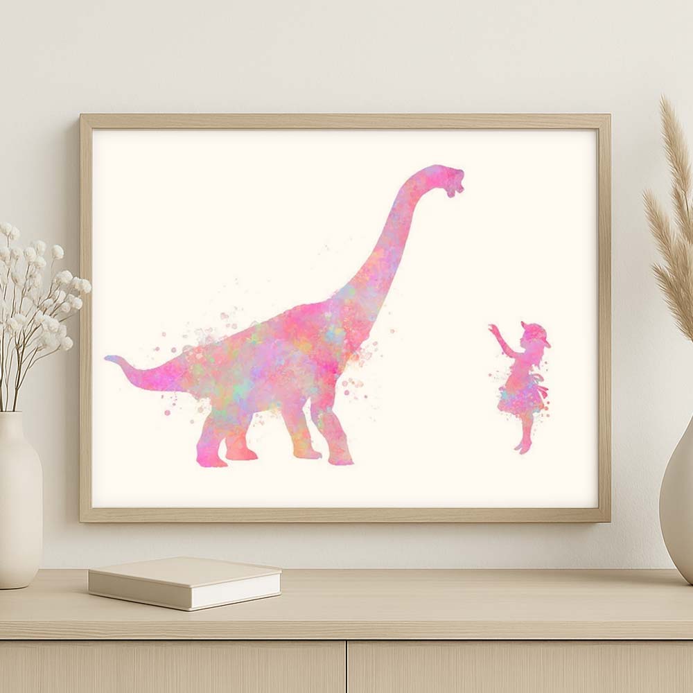 Personalised Brachiosaurus and Girl Watercolor Wall Art – Dinosaur Nursery Print for Kids Room
