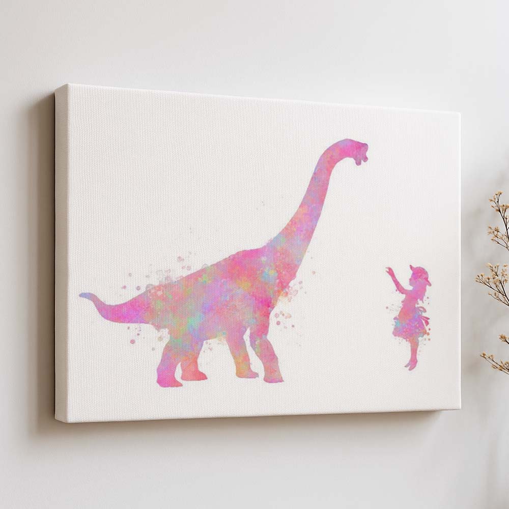 Personalised Brachiosaurus and Girl Watercolor Wall Art – Dinosaur Nursery Print for Kids Room