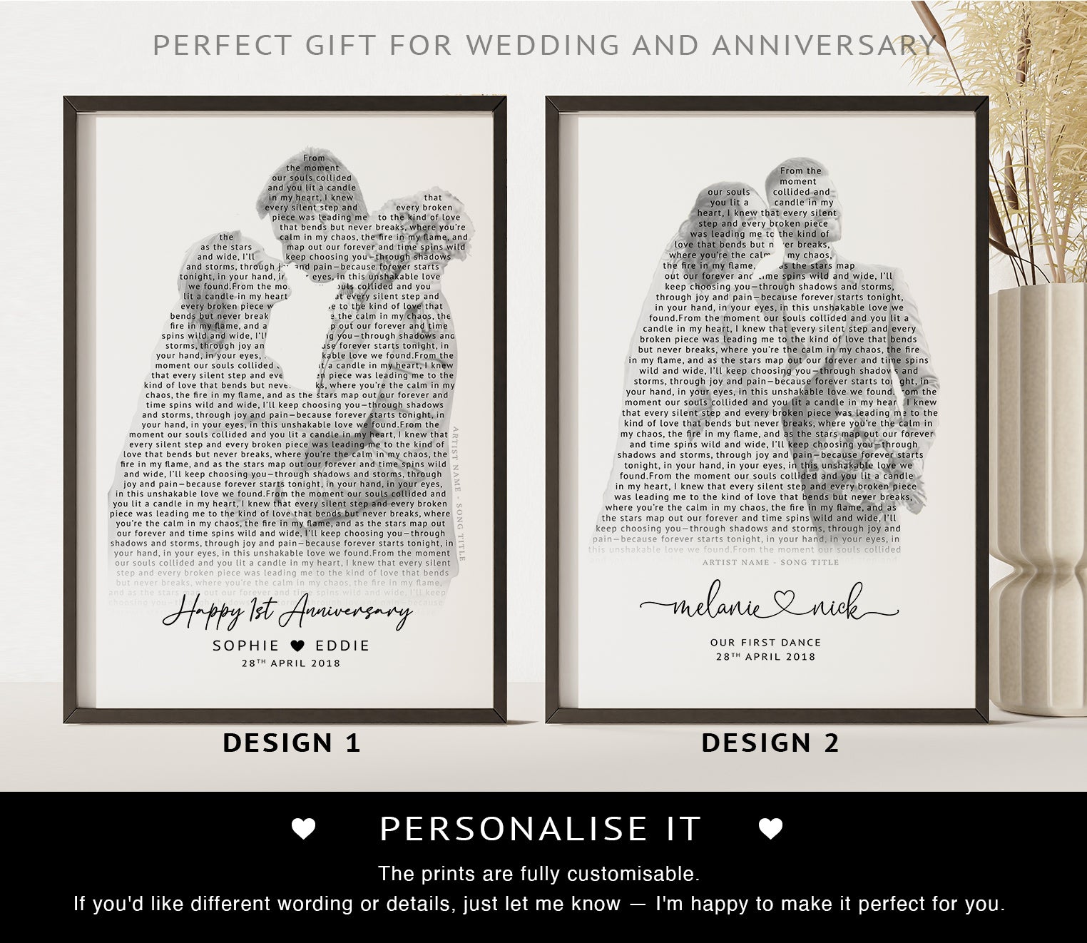 Personalised Song Lyrics Silhouette Print – First Dance Anniversary Gift for Couple