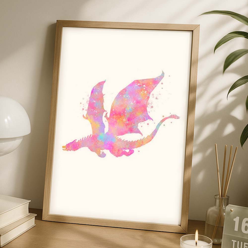 Pink Watercolour Dragon Wall Art – Fantasy Nursery & Kids Room Decor