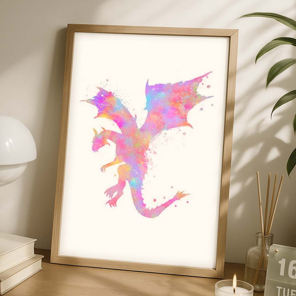 Pink Dragon Watercolour Wall Art – Fantasy Print for Girls Room or Nursery