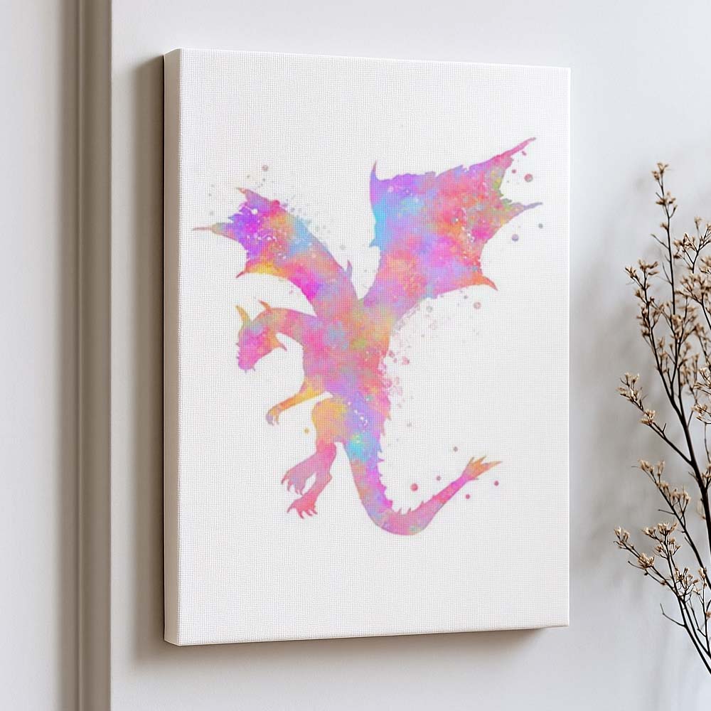 Pink Dragon Watercolour Wall Art – Fantasy Print for Girls Room or Nursery