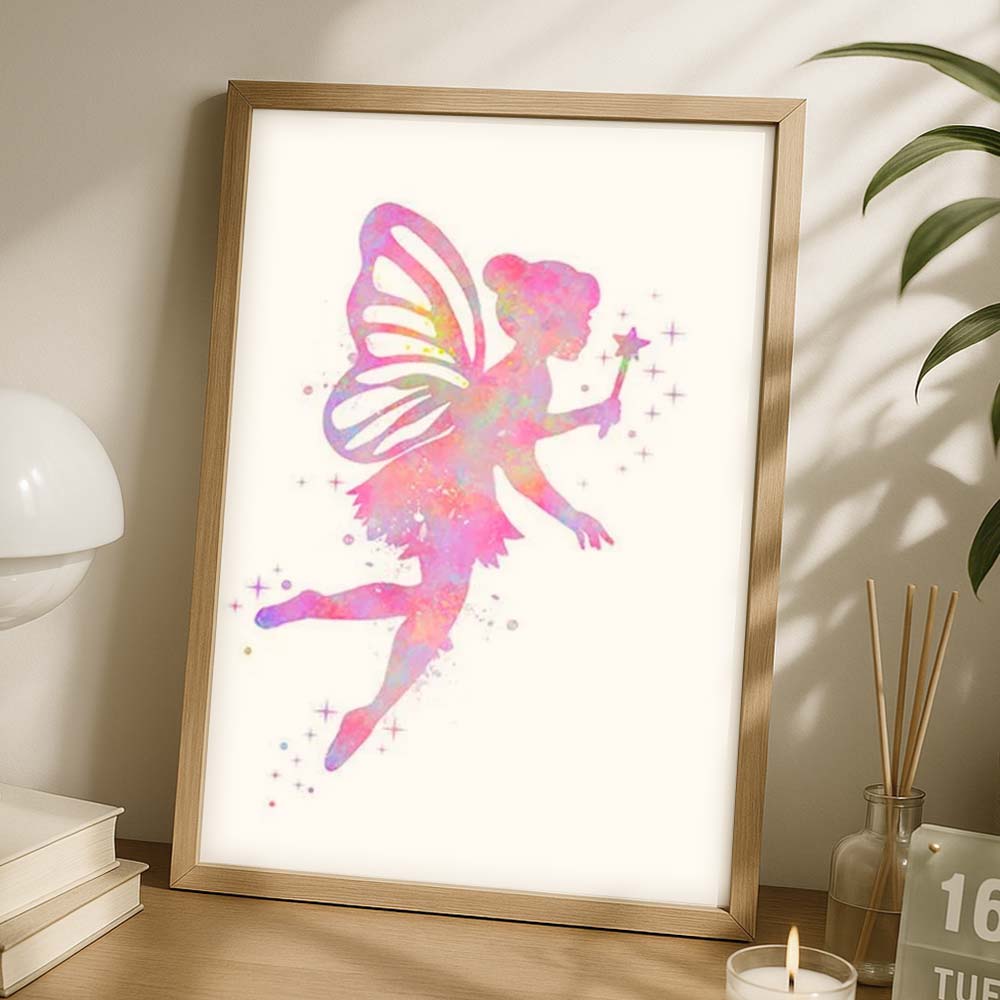 Pink Fairy Watercolour Wall Art – Magical Nursery & Girls Room Print