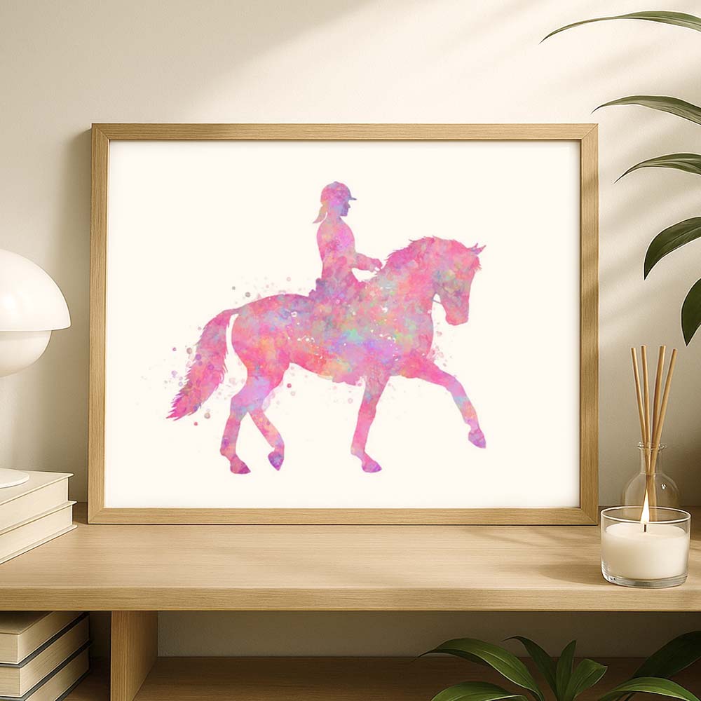Horse Riding Wall Art – Pink Watercolour Equestrian Print for Girls