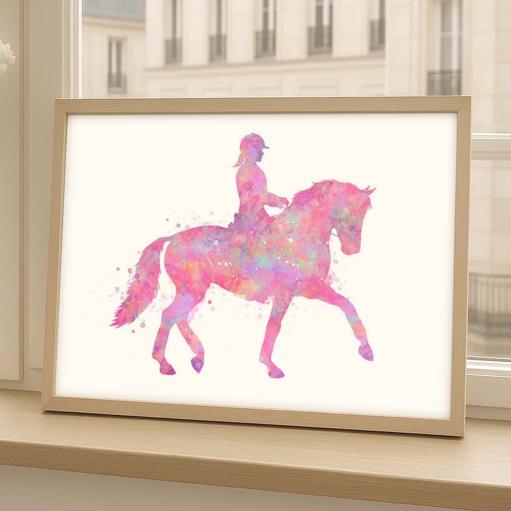 Horse Riding Wall Art – Pink Watercolour Equestrian Print for Girls