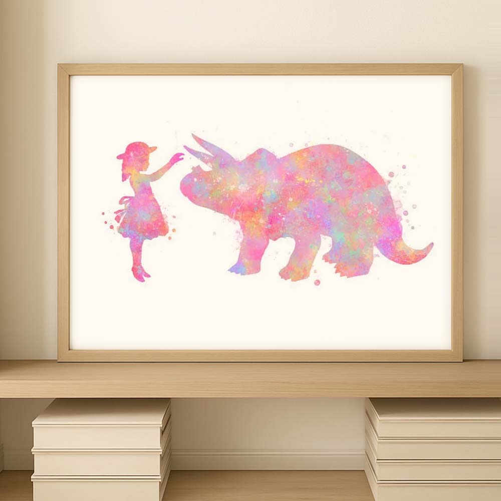 Personalised Sisters Riding Triceratops Dinosaur Wall Art