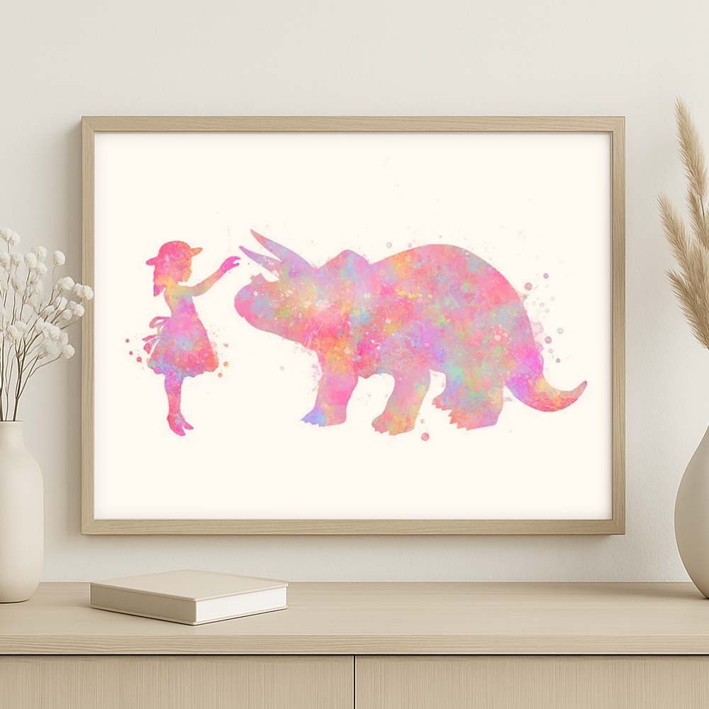 Personalised Sisters Riding Triceratops Dinosaur Wall Art