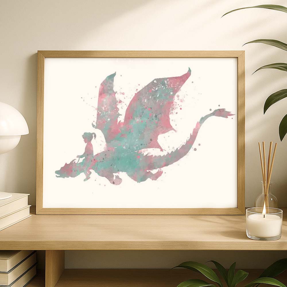 Girl Riding Dragon Watercolour Print – Fantasy Wall Art for Kids&