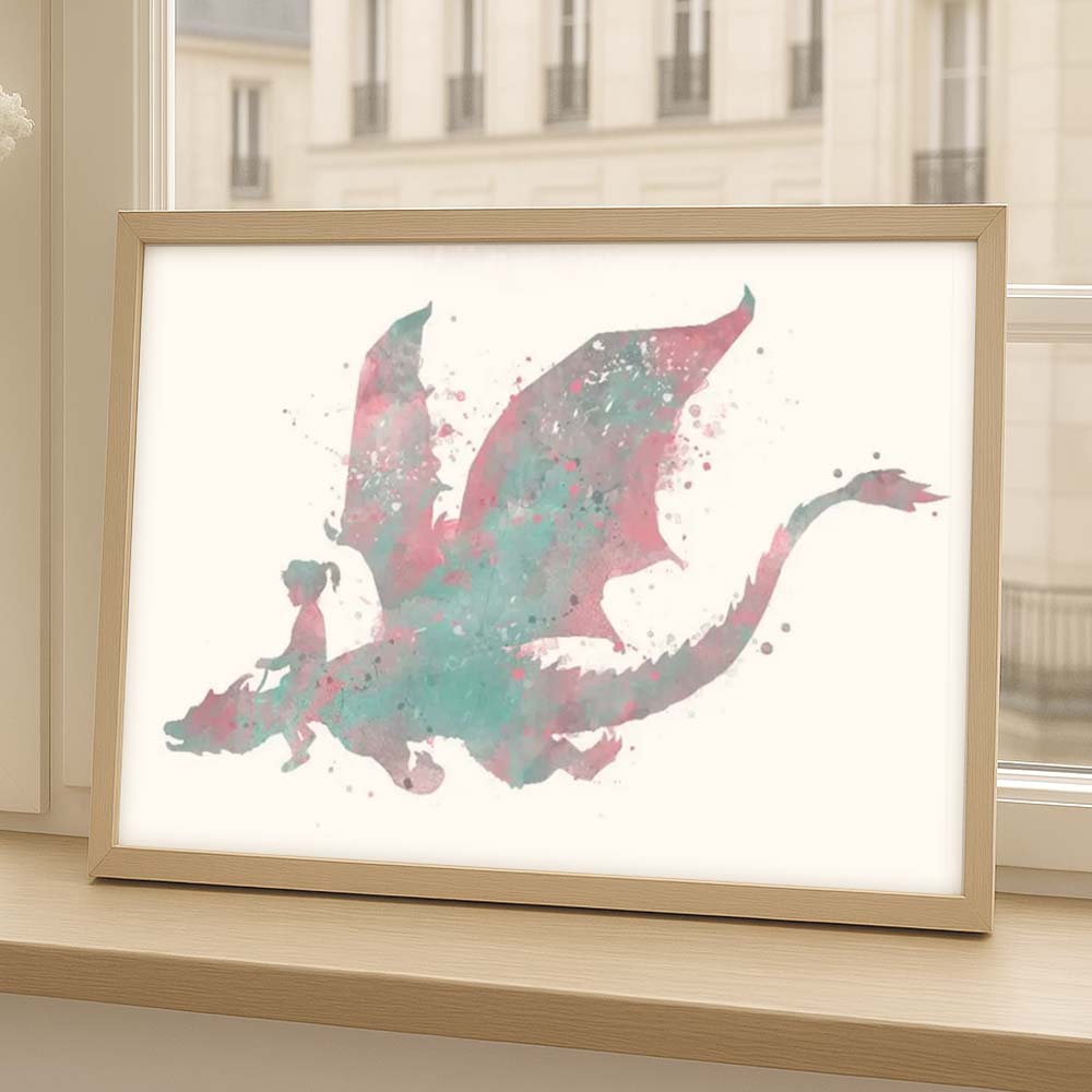 Girl Riding Dragon Watercolour Print – Fantasy Wall Art for Kids&