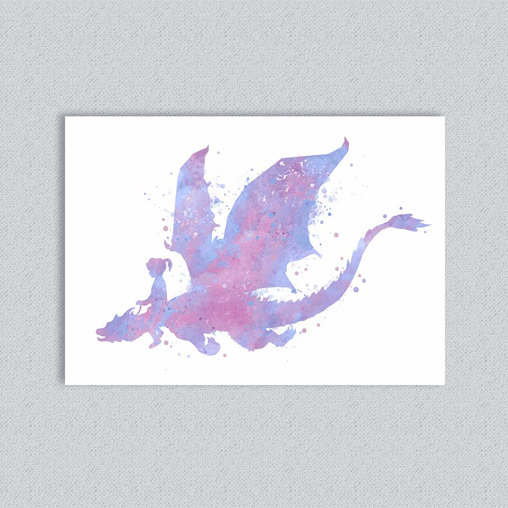 Girl Riding Dragon Purple Pink Watercolour Art Print