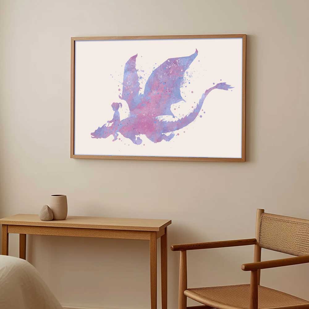 Girl Riding Dragon Purple Pink Watercolour Art Print