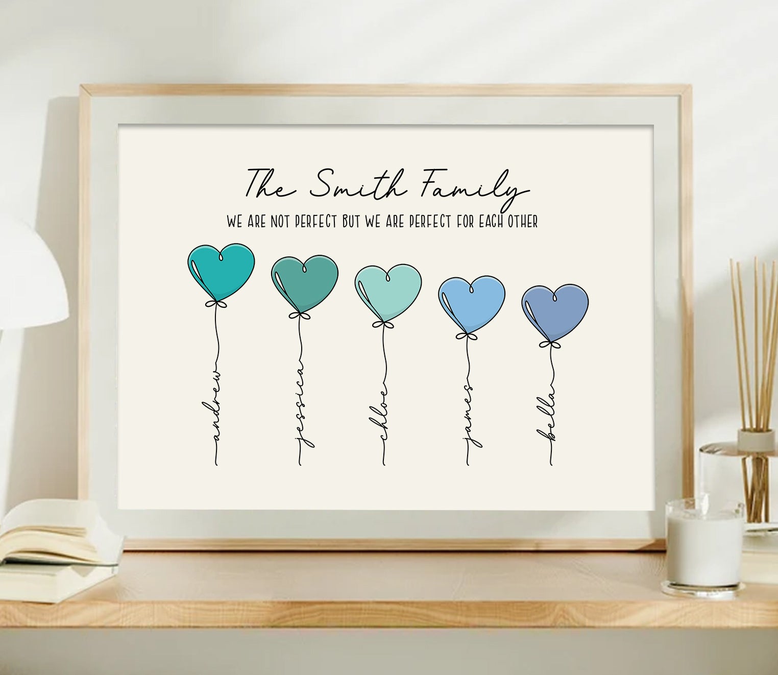 Personalized heart balloon family print with four custom names and quote in a wooden frame