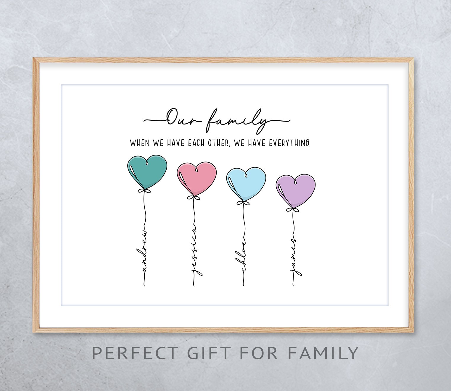 Personalised Heart Balloon Family Print – Custom Names Wall Art | "Our Family" Quote