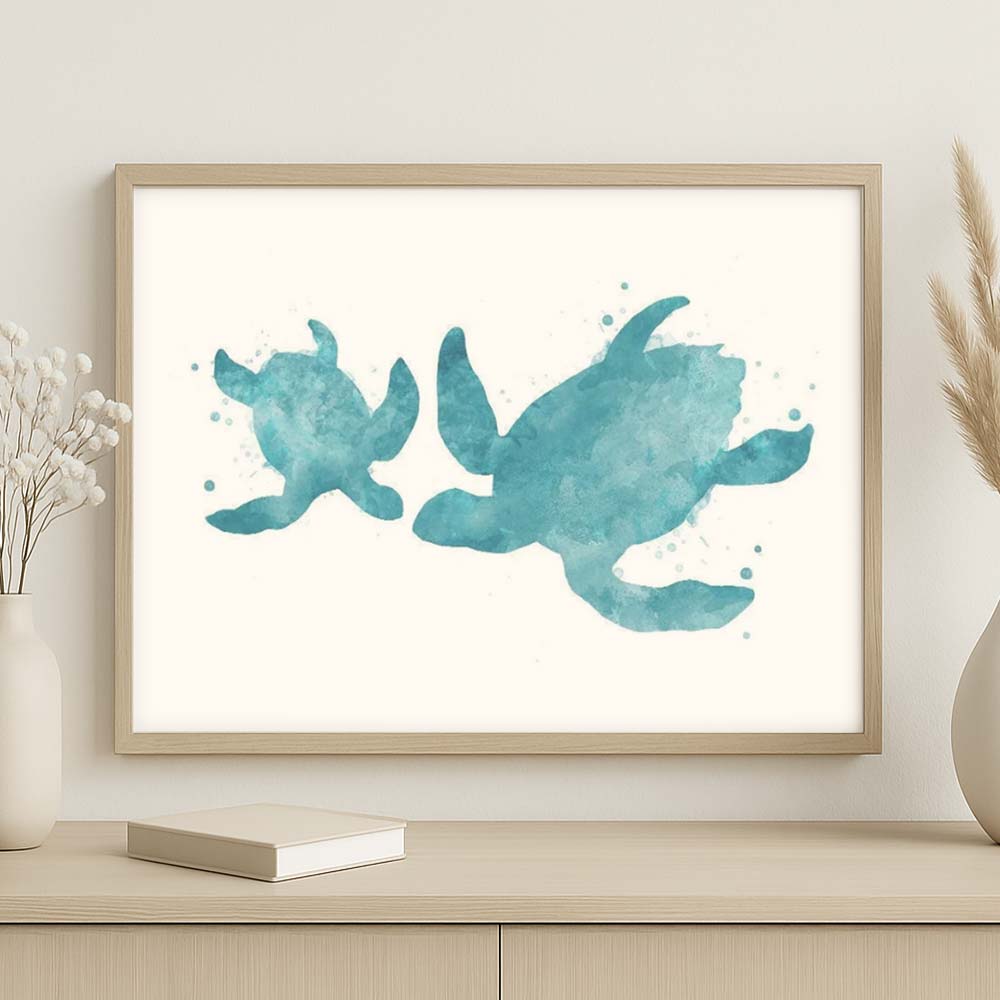 Teal Blue Sea Turtle Watercolour Print – Ocean Family Wall Art