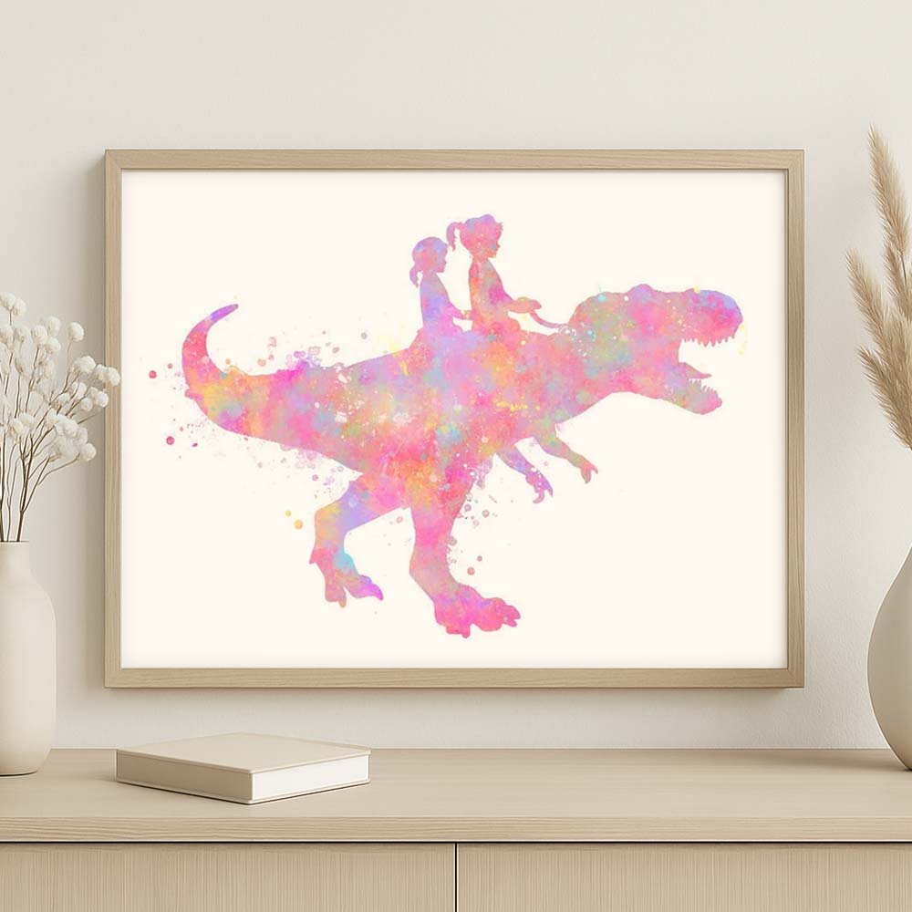 Personalised Sisters Riding T-Rex Dinosaur Wall Art