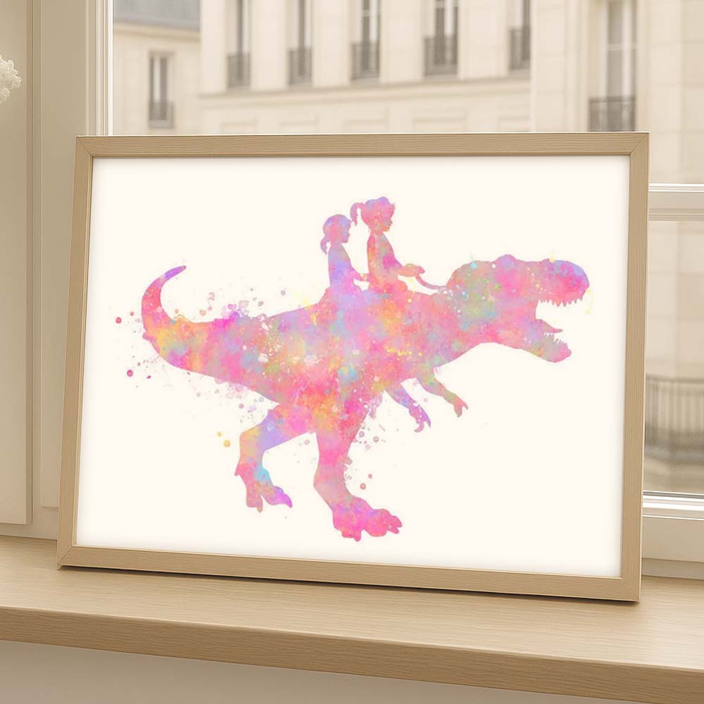 Personalised Sisters Riding T-Rex Dinosaur Wall Art