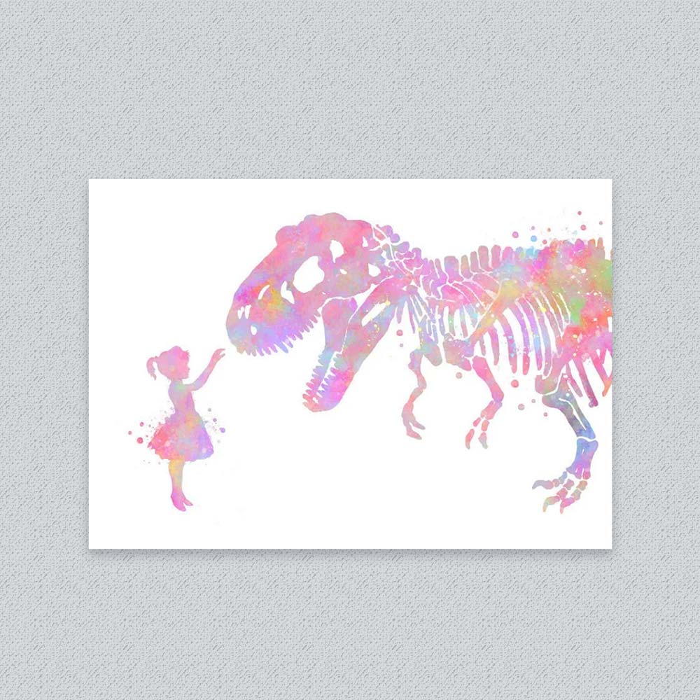 Personalised T-Rex and Girl Watercolor Wall Art – Dinosaur Nursery Print for Kids Room
