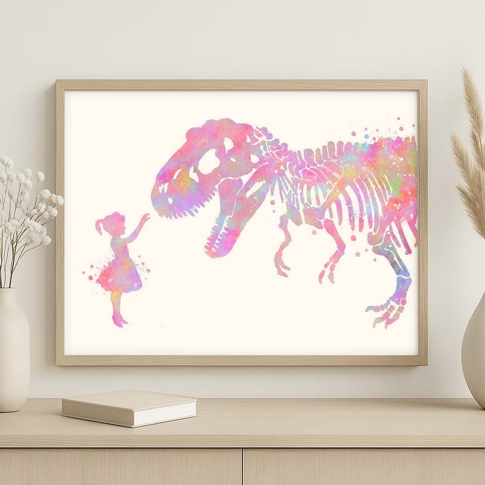 Personalised T-Rex and Girl Watercolor Wall Art – Dinosaur Nursery Print for Kids Room