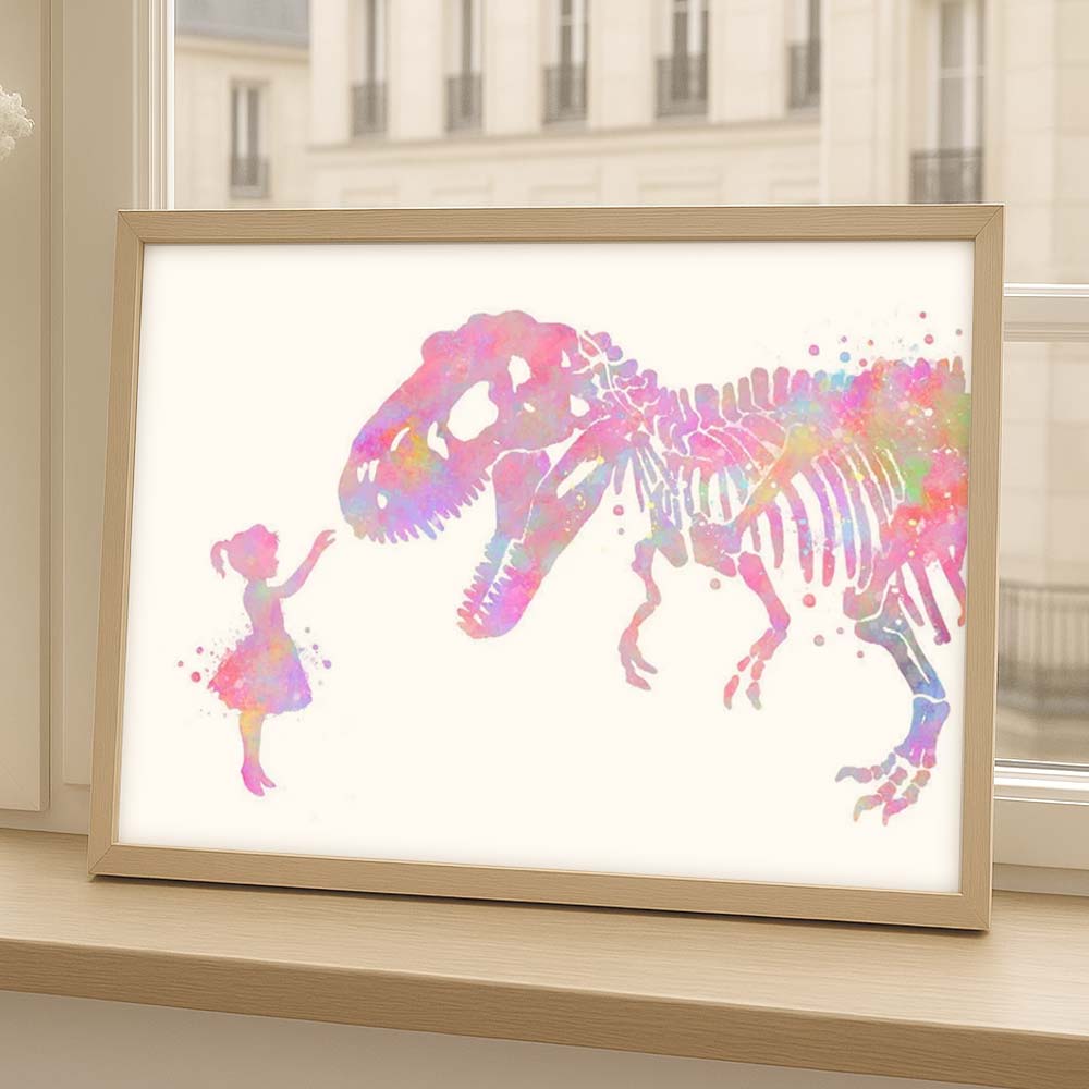 Personalised T-Rex and Girl Watercolor Wall Art – Dinosaur Nursery Print for Kids Room