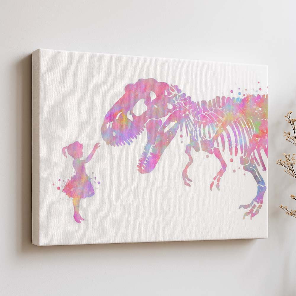 Personalised T-Rex and Girl Watercolor Wall Art – Dinosaur Nursery Print for Kids Room