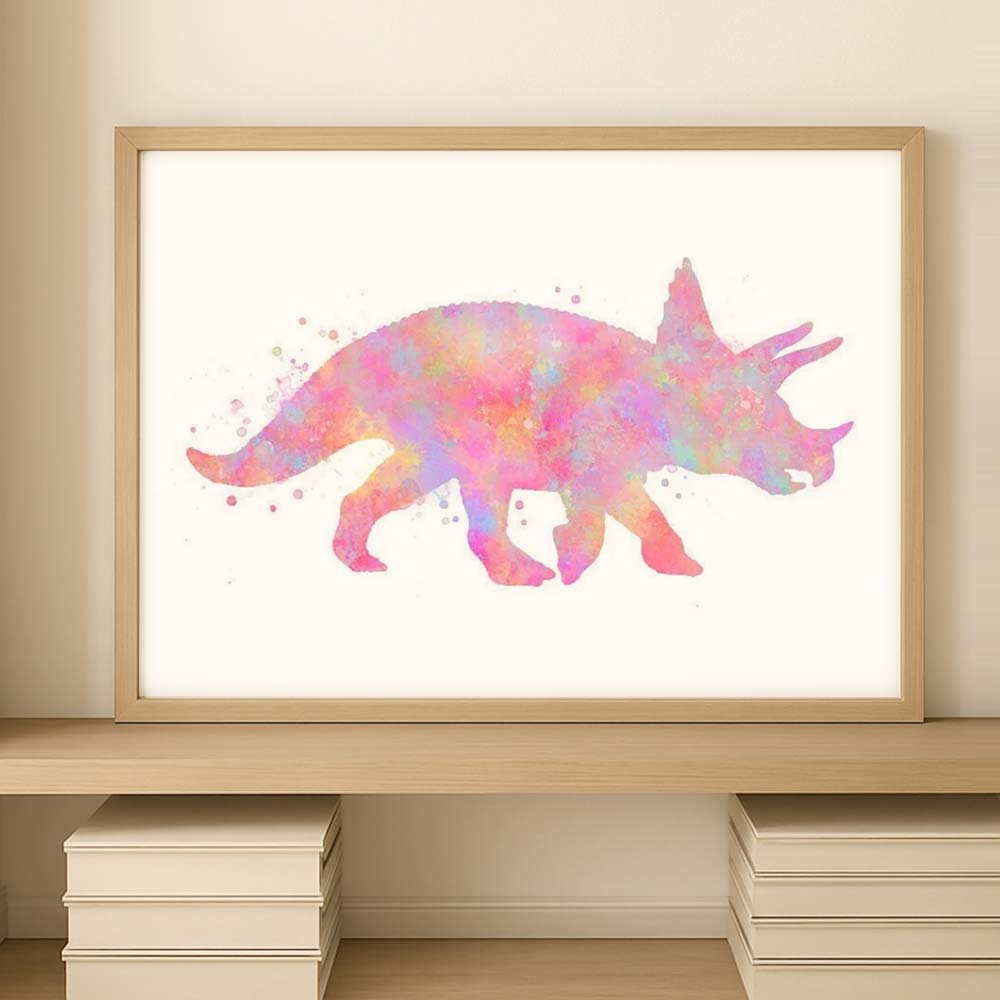 Triceratops Dinosaur Wall Art – Pink Watercolour Dino Print for Kids&