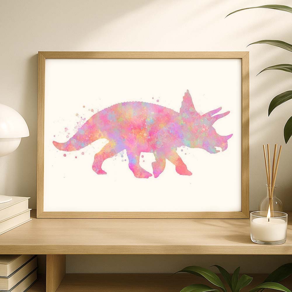 Triceratops Dinosaur Wall Art – Pink Watercolour Dino Print for Kids&