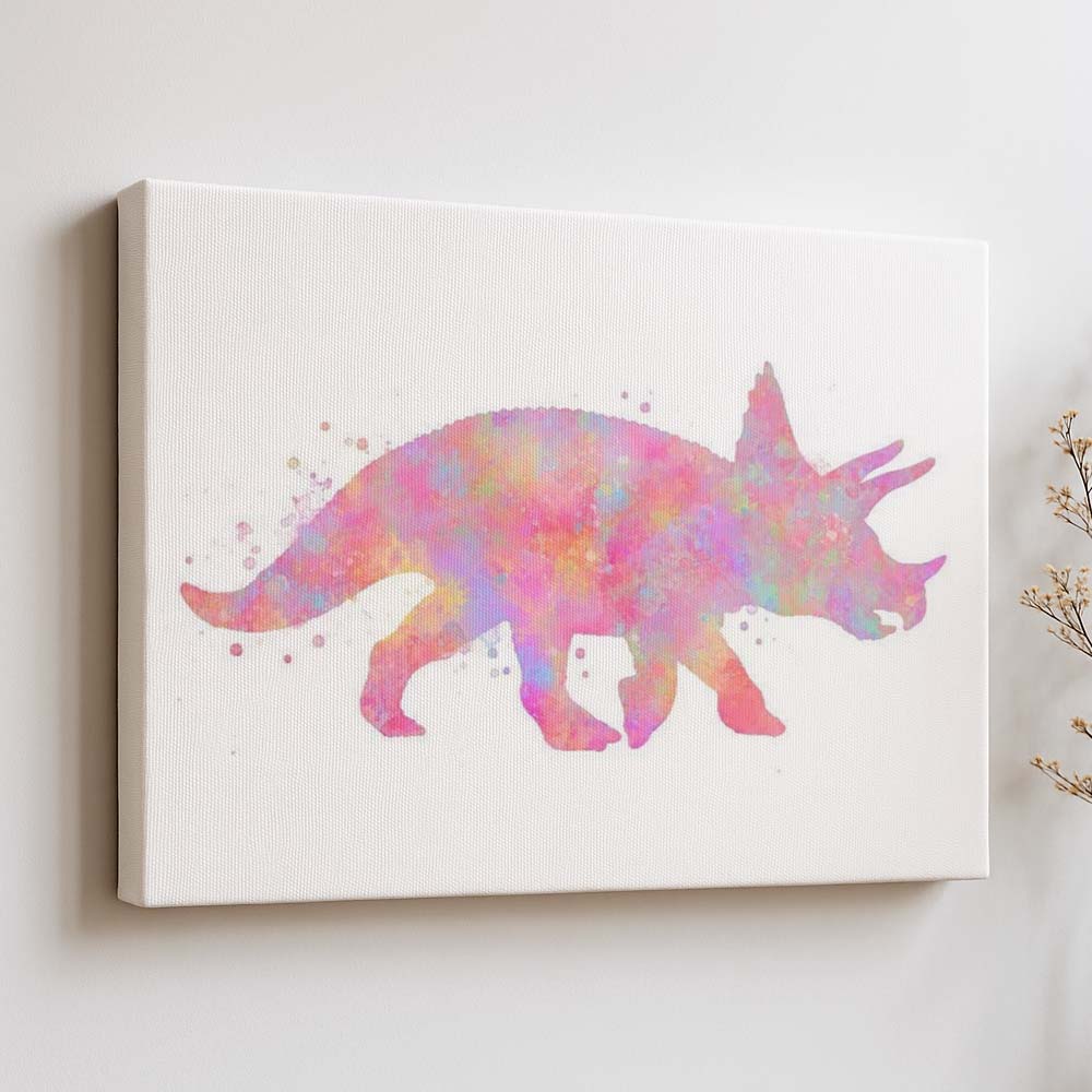 Triceratops Dinosaur Wall Art – Pink Watercolour Dino Print for Kids&