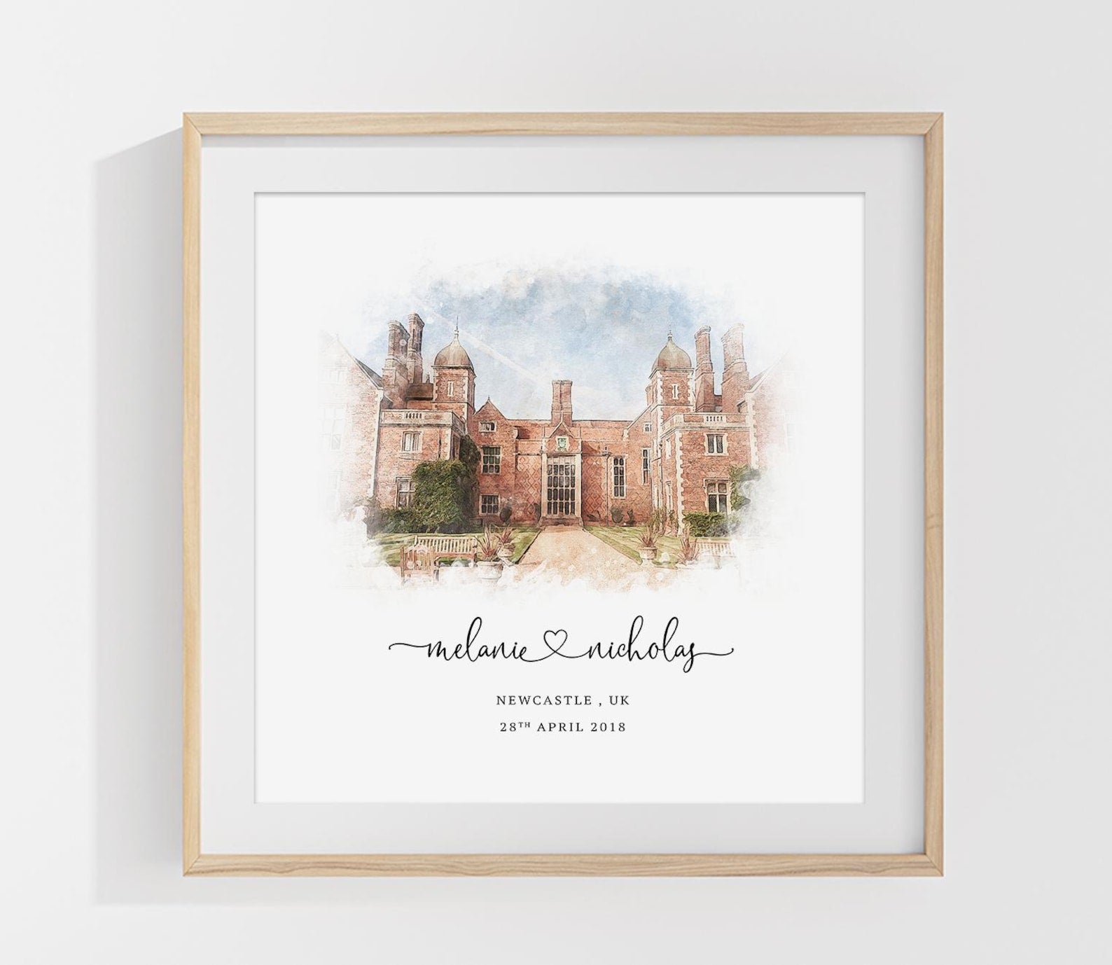 Custom watercolor wedding venue illustration featuring a historic building with personalized names, location, and wedding date in a wooden frame