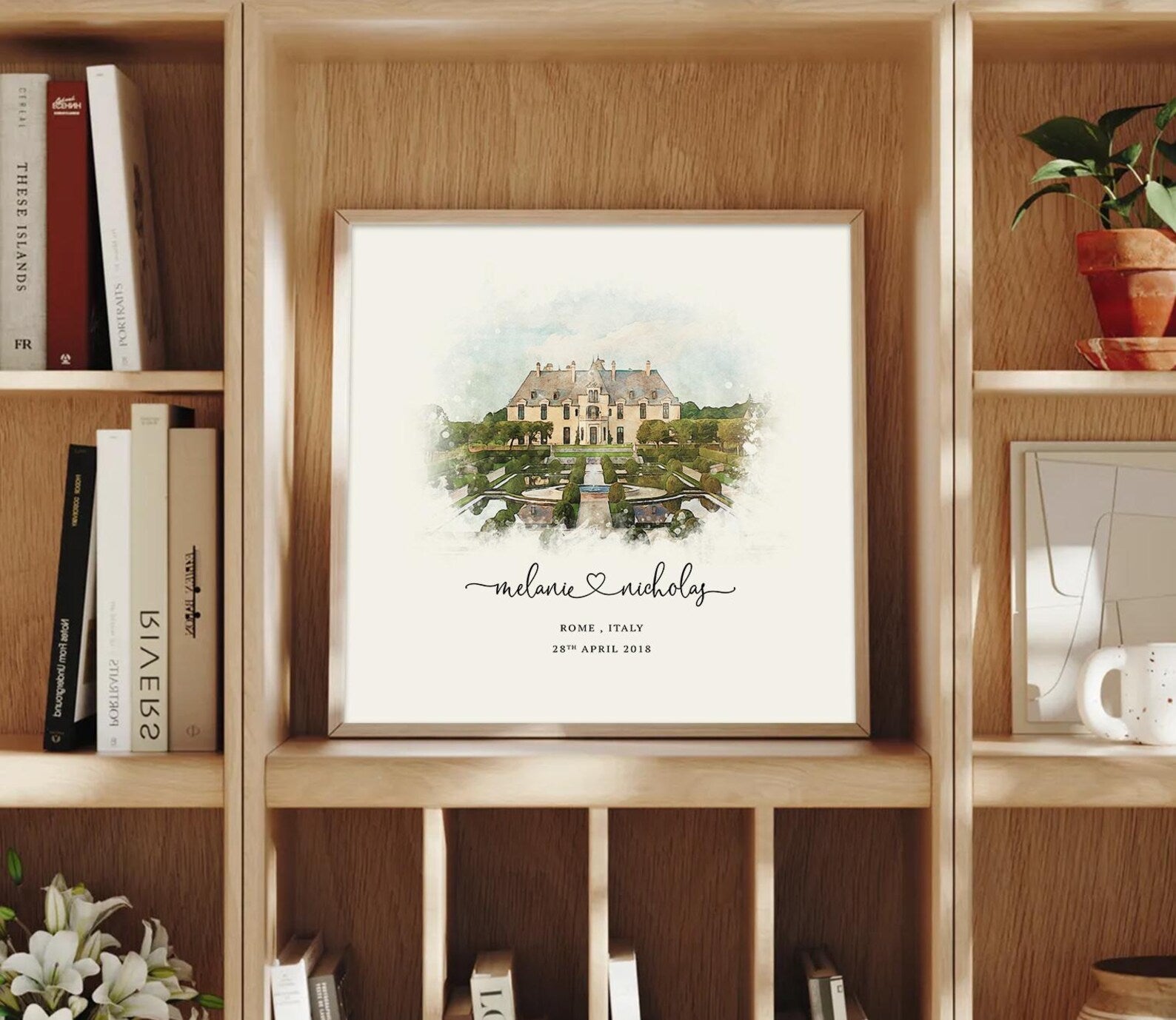 Custom watercolor wedding venue illustration featuring a historic building with personalized names, location, and wedding date in a wooden frame