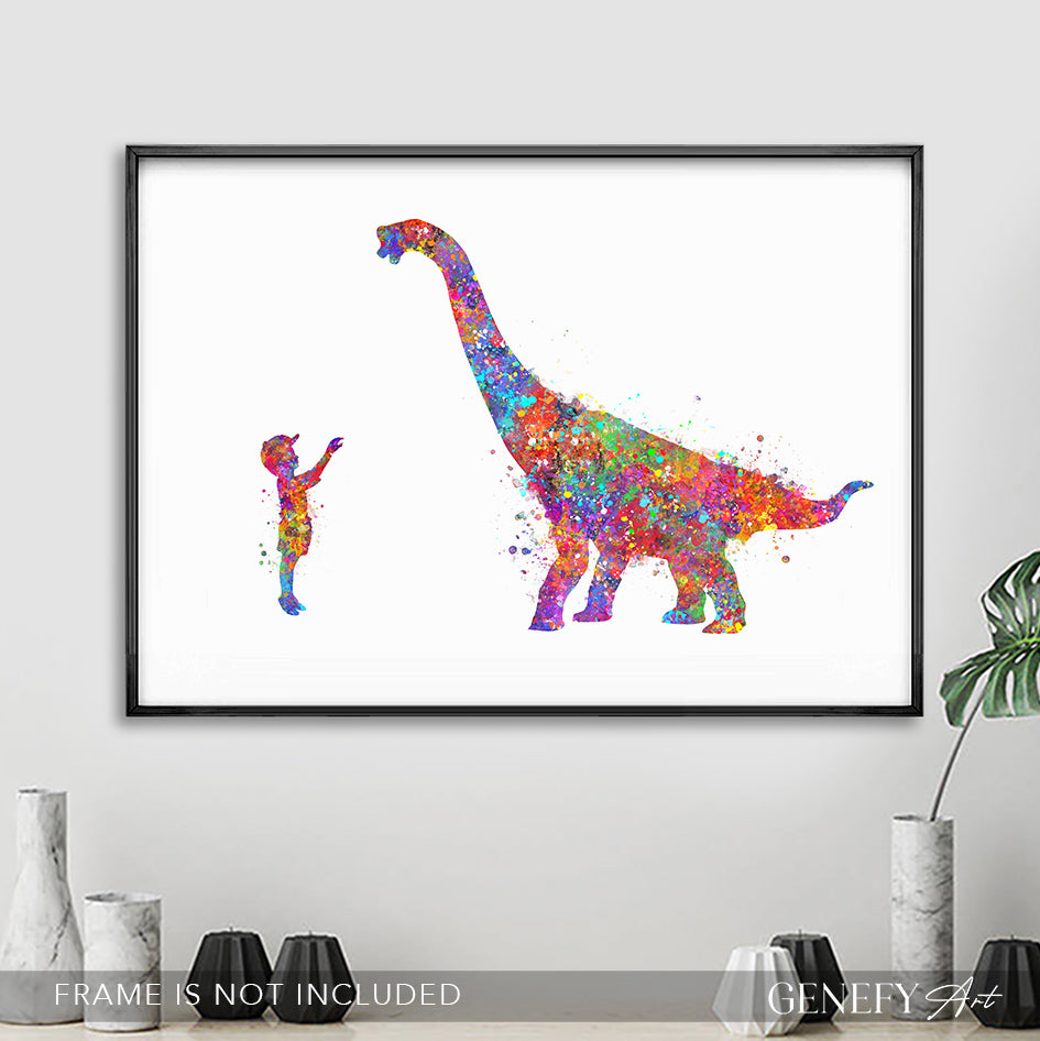 Dinosaur Brachiosaurus and Boy Watercolour Print