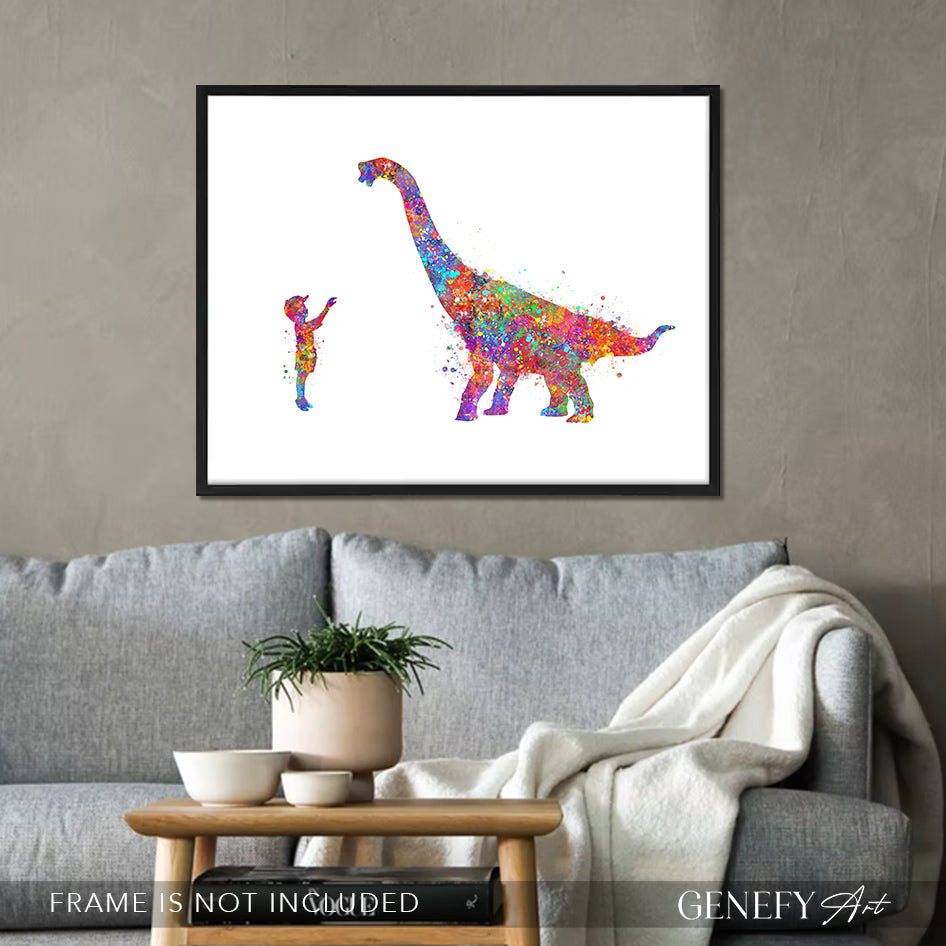 Dinosaur Brachiosaurus and Boy Watercolour Print