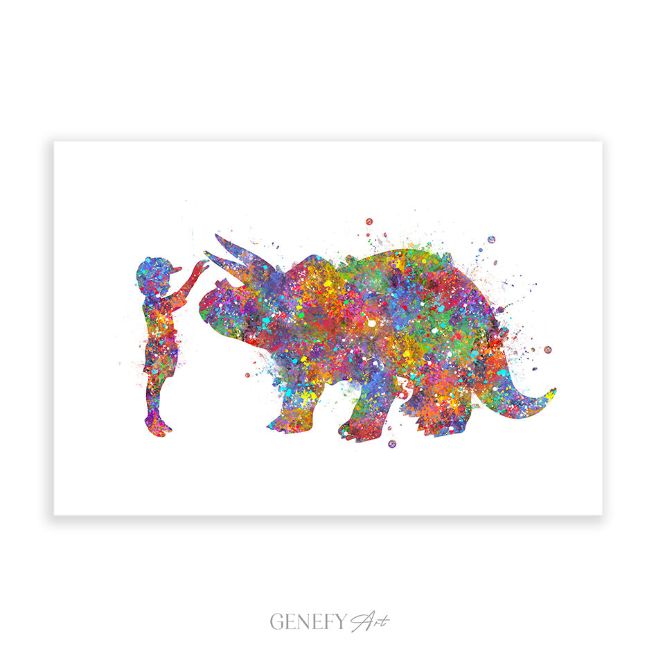 Dinosaur Triceratops and Boy Watercolour Print
