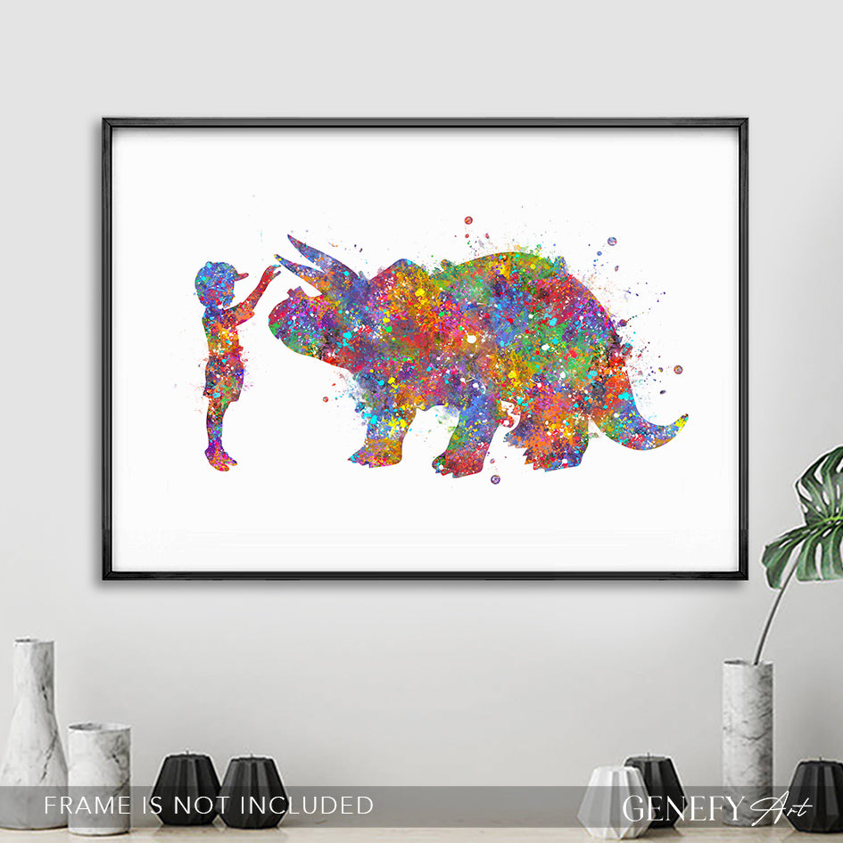 Dinosaur Triceratops and Boy Watercolour Print