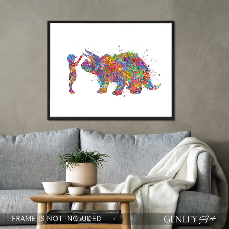 Dinosaur Triceratops and Boy Watercolour Print