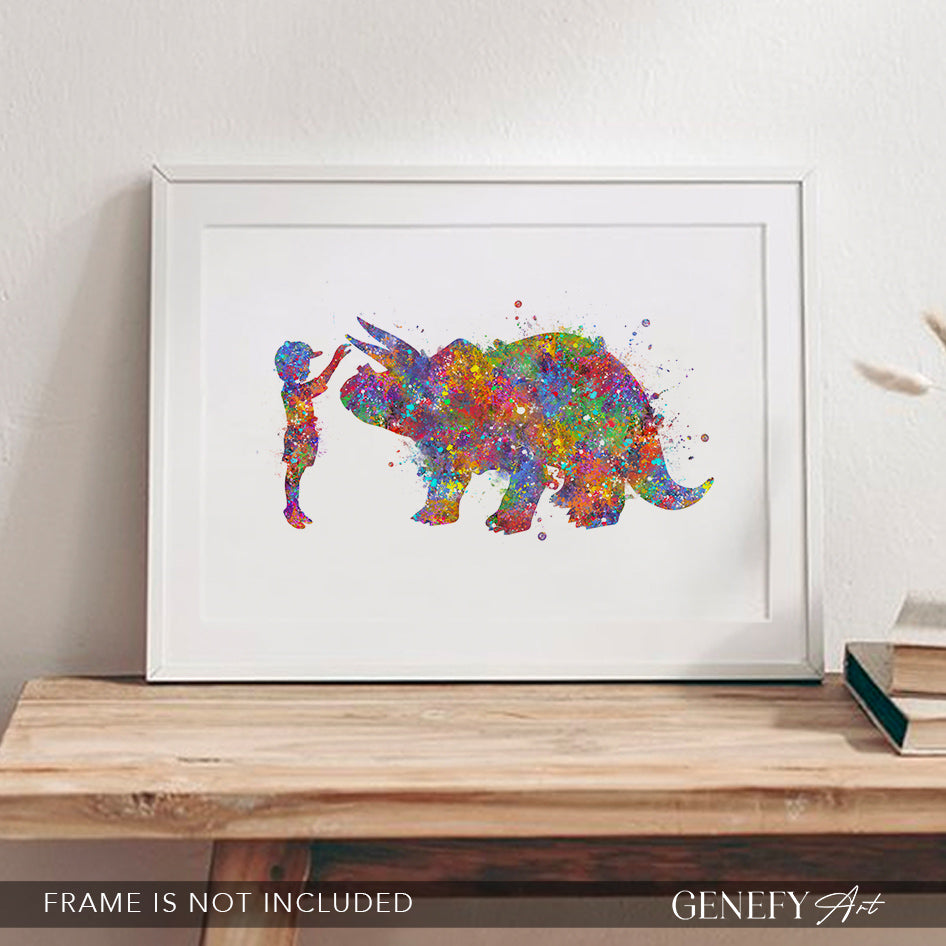 Dinosaur Triceratops and Boy Watercolour Print