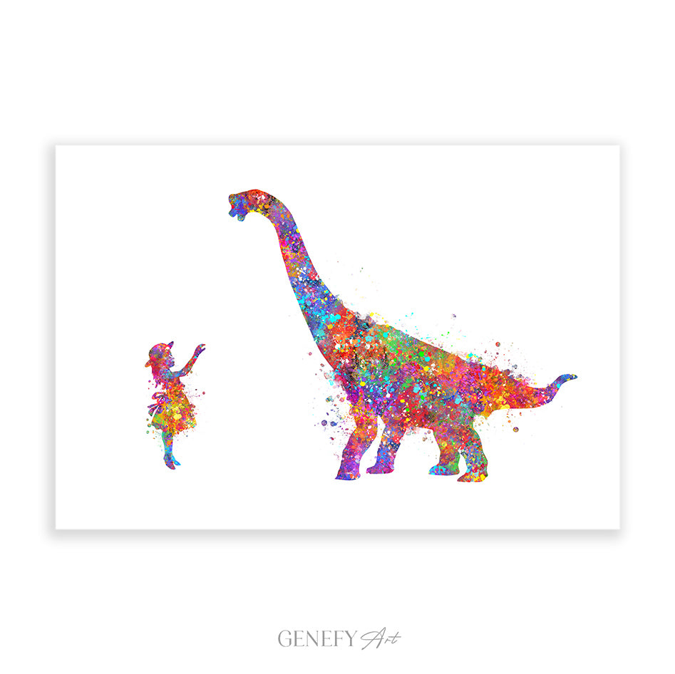 Dinosaur Brachiosaurus and Girl Watercolour Print