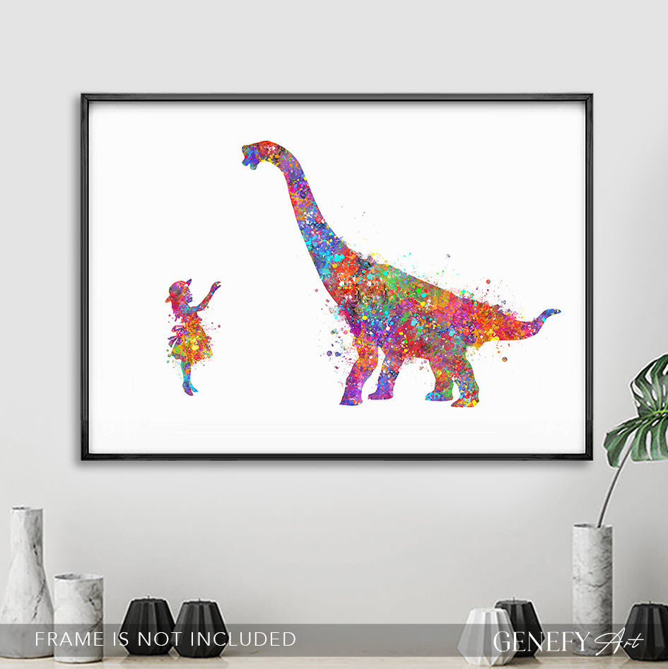 Dinosaur Brachiosaurus and Girl Watercolour Print
