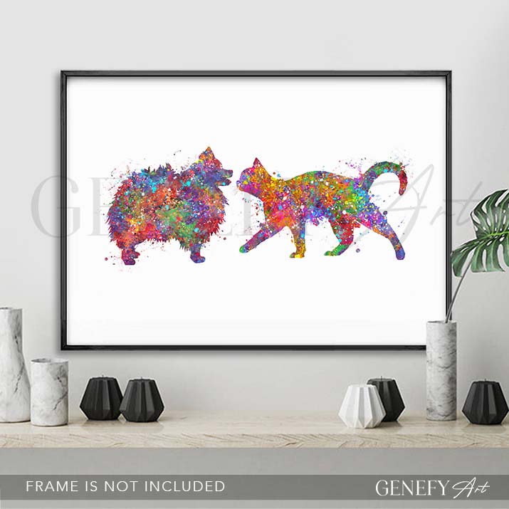 Pomenarian and Cat Watercolour Print
