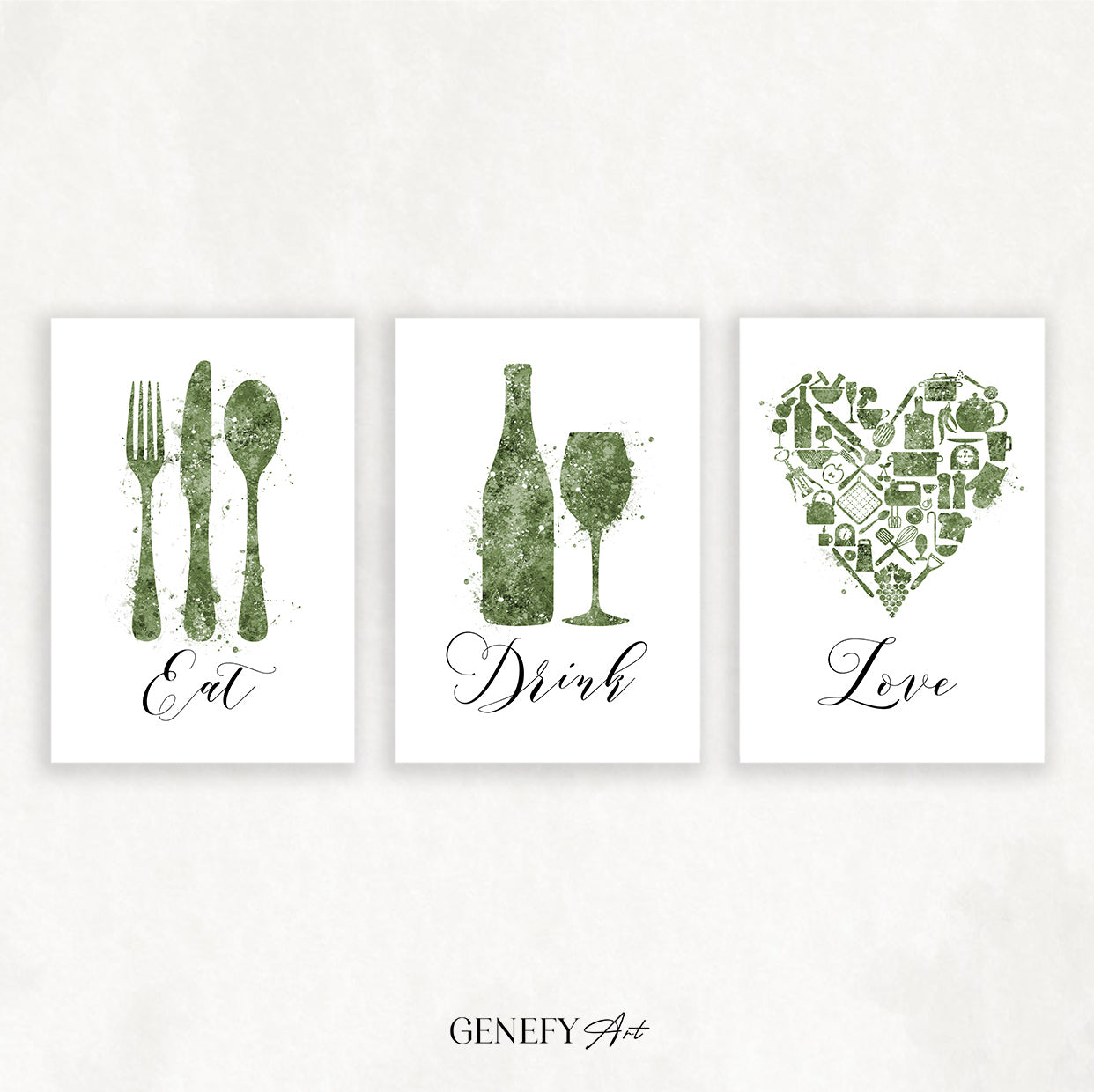 Sage Green Kitchen Watercolour Print Set of 3