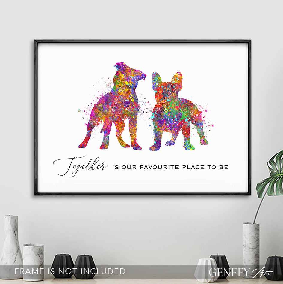 Staffordshire Bull Terrier and French Bulldog Watercolour Art Print