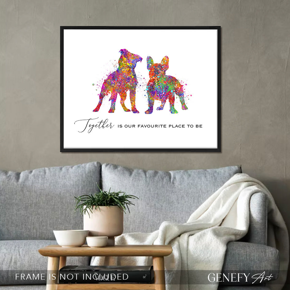 Staffordshire Bull Terrier and French Bulldog Watercolour Art Print
