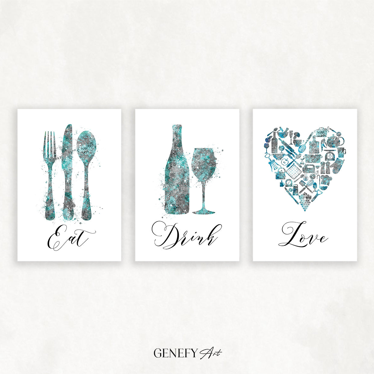 Teal and Grey Kitchen Wall Art - Set of 3